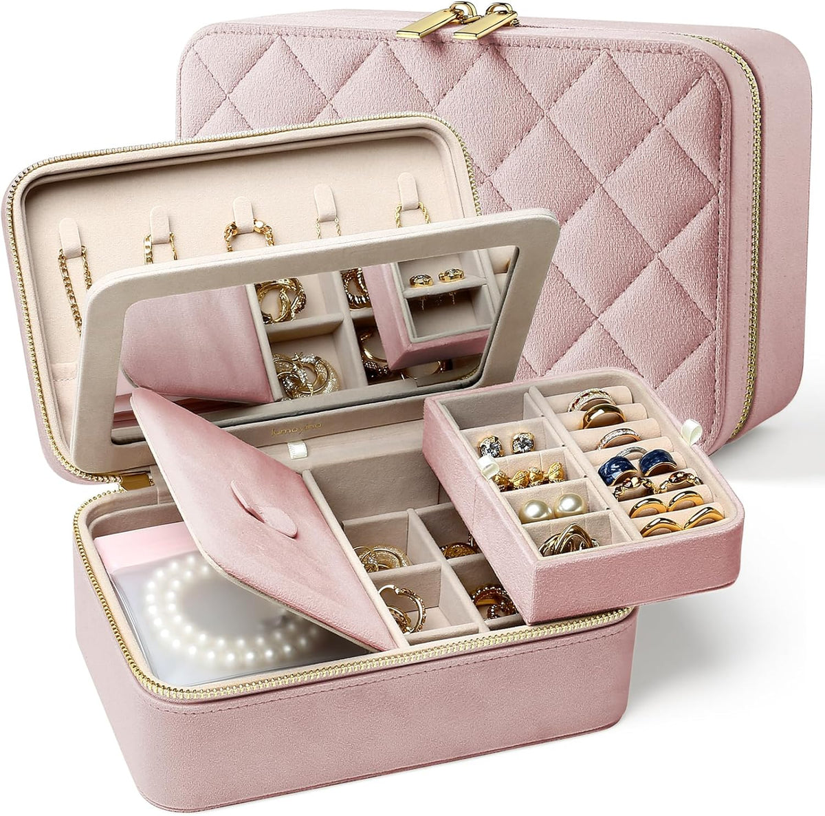 Velvet Travel Jewelry Organizer Case with Large Mirror for Women