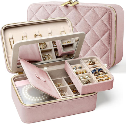 Velvet Travel Jewelry Organizer Case with Large Mirror for Women