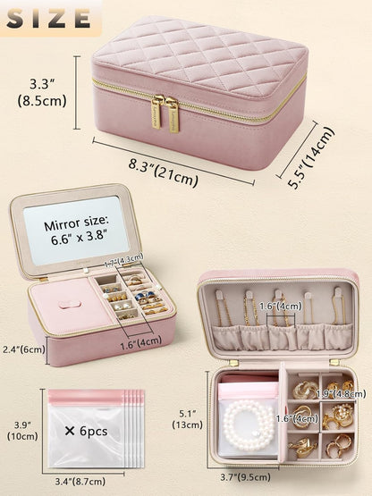 Velvet Travel Jewelry Organizer Case with Large Mirror for Women