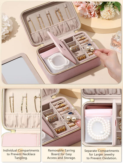 Velvet Travel Jewelry Organizer Case with Large Mirror for Women