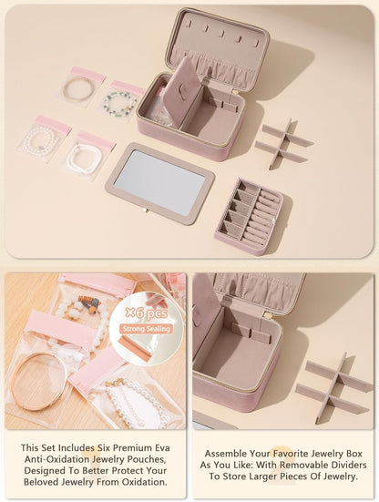Velvet Travel Jewelry Organizer Case with Large Mirror for Women
