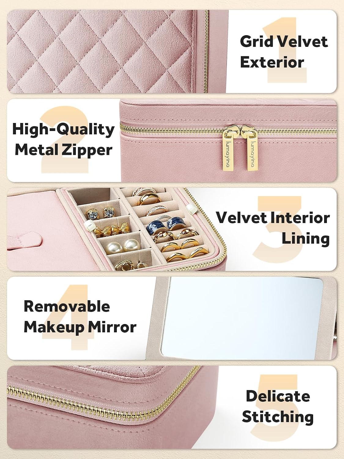 Velvet Travel Jewelry Organizer Case with Large Mirror for Women