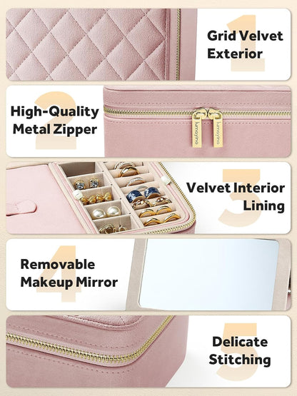 Velvet Travel Jewelry Organizer Case with Large Mirror for Women