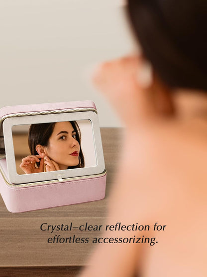 Velvet Travel Jewelry Organizer Case with Large Mirror for Women