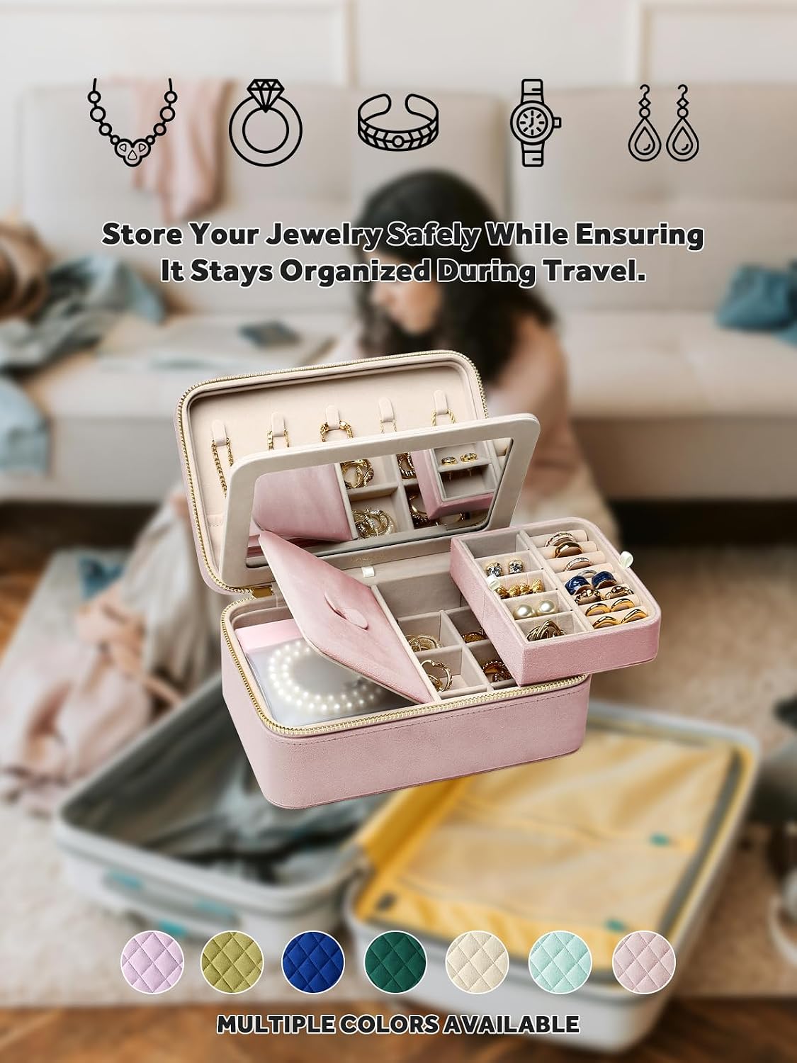 Velvet Travel Jewelry Organizer Case with Large Mirror for Women