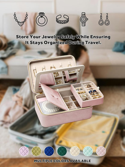 Velvet Travel Jewelry Organizer Case with Large Mirror for Women