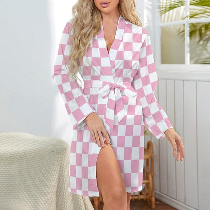 Pink Pastel Checkered Print Short Robes for Women - Bathrobe Nightgown Sleepwear Loungewear Dressing Gown