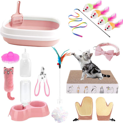 Kitten Starter Kit - 16 Pcs Cat Essentials Set Includes Litter Box