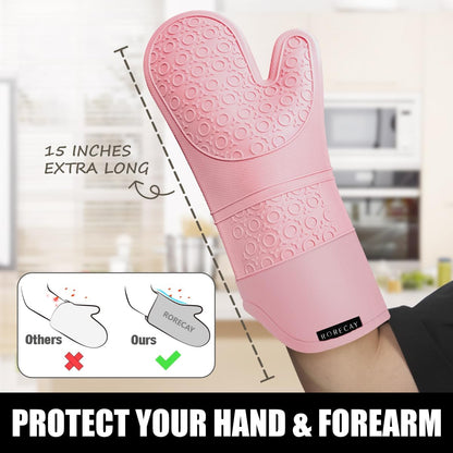 Silicone Oven Mitts and Pot Holders Sets, Gloves for Kitchen, Pink