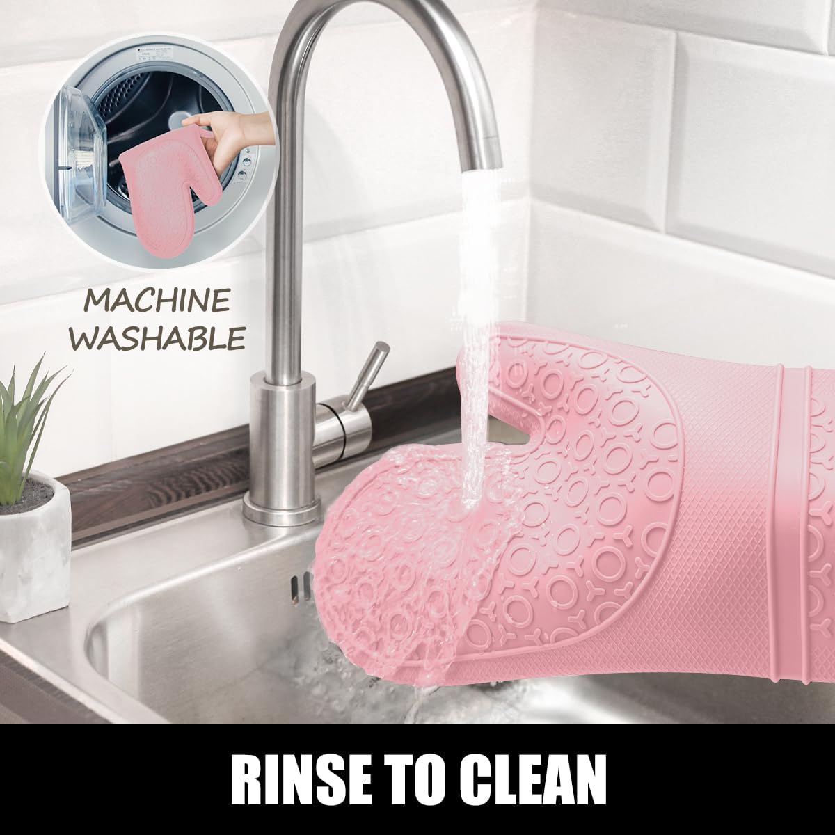 Silicone Oven Mitts and Pot Holders Sets, Gloves for Kitchen, Pink
