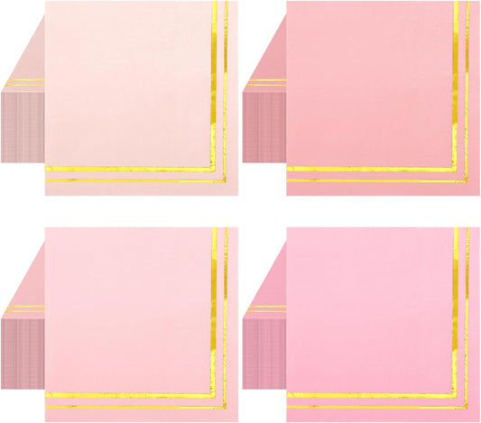 200 Pcs Pink Mix Cocktail Napkins with Gold Foil Accents, Folded 5 x 5 Inches Disposable Bar Paper Napkin Beverage Party Napkins for Wedding Baby Shower Dinner Birthday Party Supplies