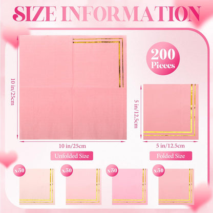 200 Pcs Pink Mix Cocktail Napkins with Gold Foil Accents, Folded 5 x 5 Inches Disposable Bar Paper Napkin Beverage Party Napkins for Wedding Baby Shower Dinner Birthday Party Supplies