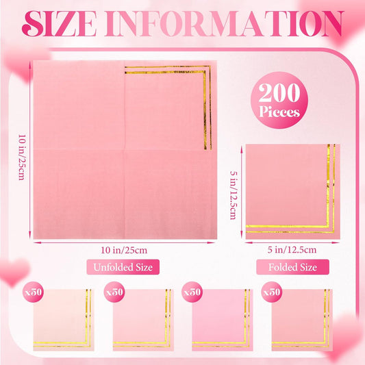 200 Pcs Pink Mix Cocktail Napkins with Gold Foil Accents, Folded 5 x 5 Inches Disposable Bar Paper Napkin Beverage Party Napkins for Wedding Baby Shower Dinner Birthday Party Supplies