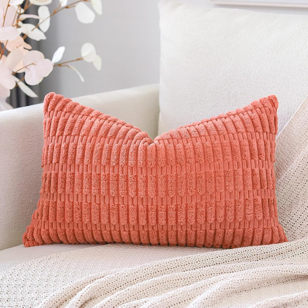 Corduroy Decorative Throw Pillow Covers 12x20 Inch Super Soft Boho Striped Rectangle Pillow Covers Case Modern Cushion Covers for Sofa Couch Bedroom Car Decor Coral