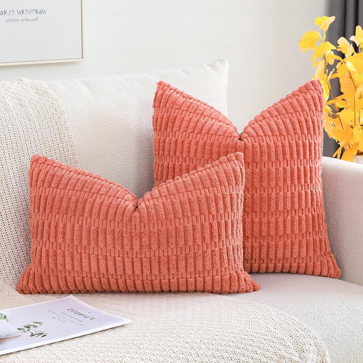 Corduroy Decorative Throw Pillow Covers 12x20 Inch Super Soft Boho Striped Rectangle Pillow Covers Case Modern Cushion Covers for Sofa Couch Bedroom Car Decor Coral