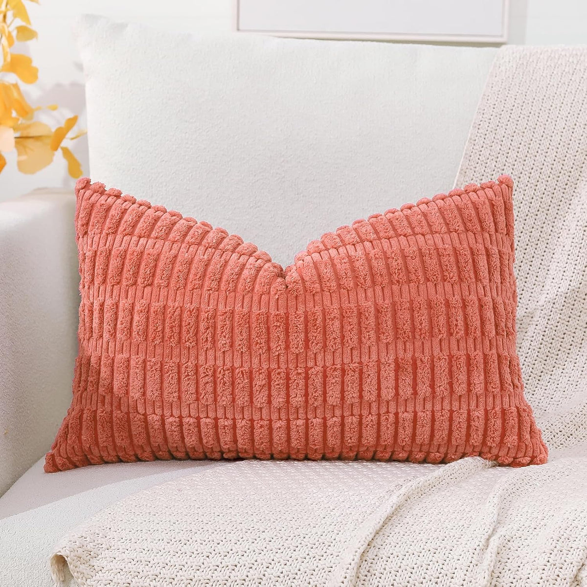 Corduroy Decorative Throw Pillow Covers 12x20 Inch Super Soft Boho Striped Rectangle Pillow Covers Case Modern Cushion Covers for Sofa Couch Bedroom Car Decor Coral