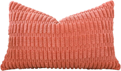 Corduroy Decorative Throw Pillow Covers 12x20 Inch Super Soft Boho Striped Rectangle Pillow Covers Case Modern Cushion Covers for Sofa Couch Bedroom Car Decor Coral