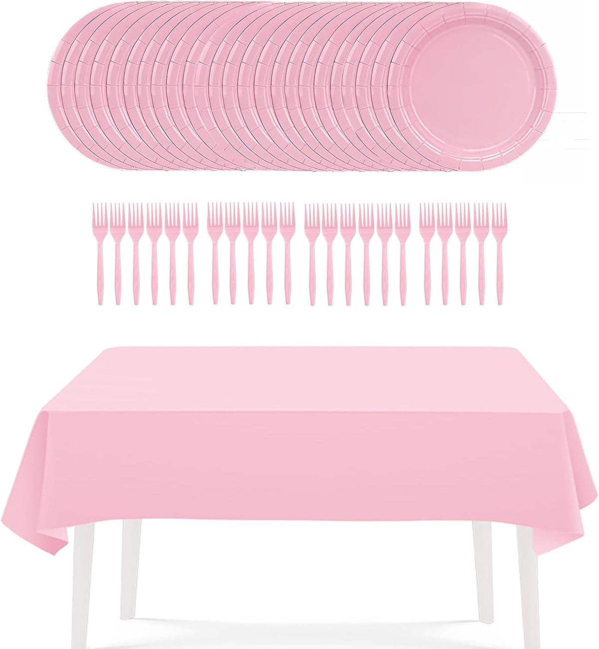 Pink Party Supplies Set Include Pink Plates Tablecloth and Forks, Tableware Set for 24 Guest Paper Plates for Baby Shower, Wedding, Birthday