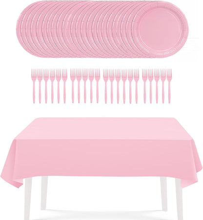 Pink Party Supplies Set Include Pink Plates Tablecloth and Forks, Tableware Set for 24 Guest Paper Plates for Baby Shower, Wedding, Birthday