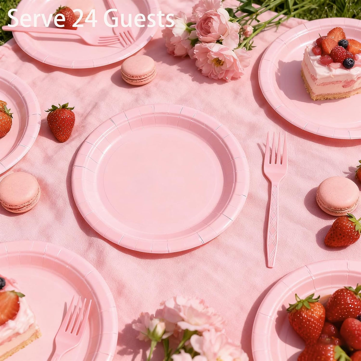 Pink Party Supplies Set Include Pink Plates Tablecloth and Forks, Tableware Set for 24 Guest Paper Plates for Baby Shower, Wedding, Birthday