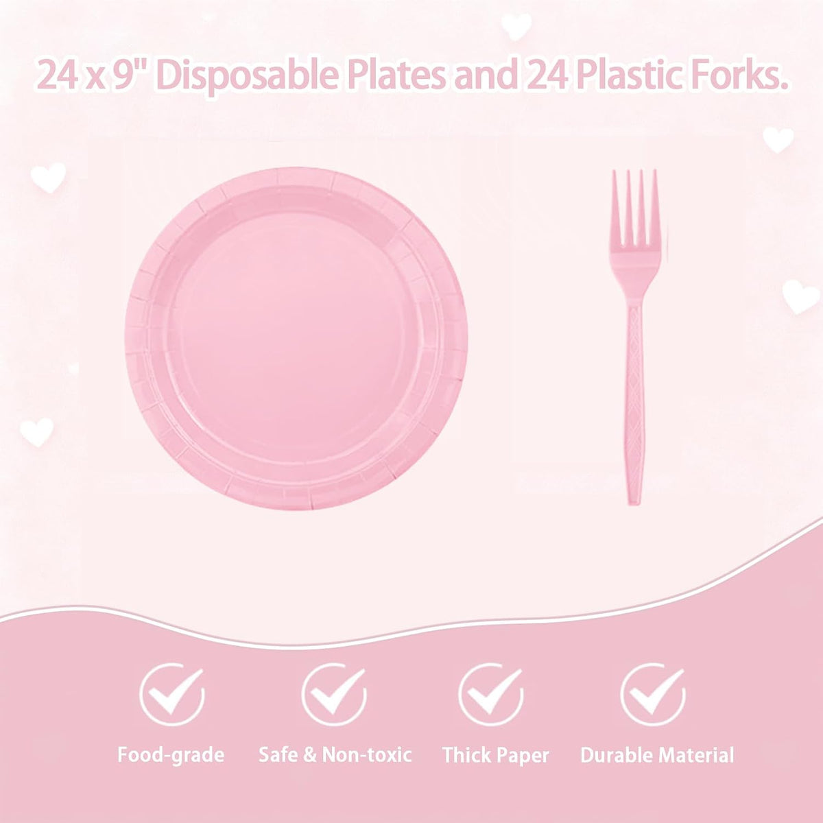 Pink Party Supplies Set Include Pink Plates Tablecloth and Forks, Tableware Set for 24 Guest Paper Plates for Baby Shower, Wedding, Birthday