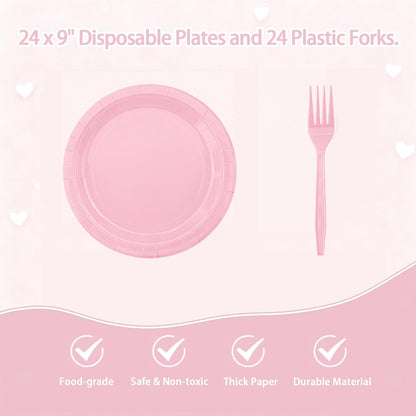 Pink Party Supplies Set Include Pink Plates Tablecloth and Forks, Tableware Set for 24 Guest Paper Plates for Baby Shower, Wedding, Birthday