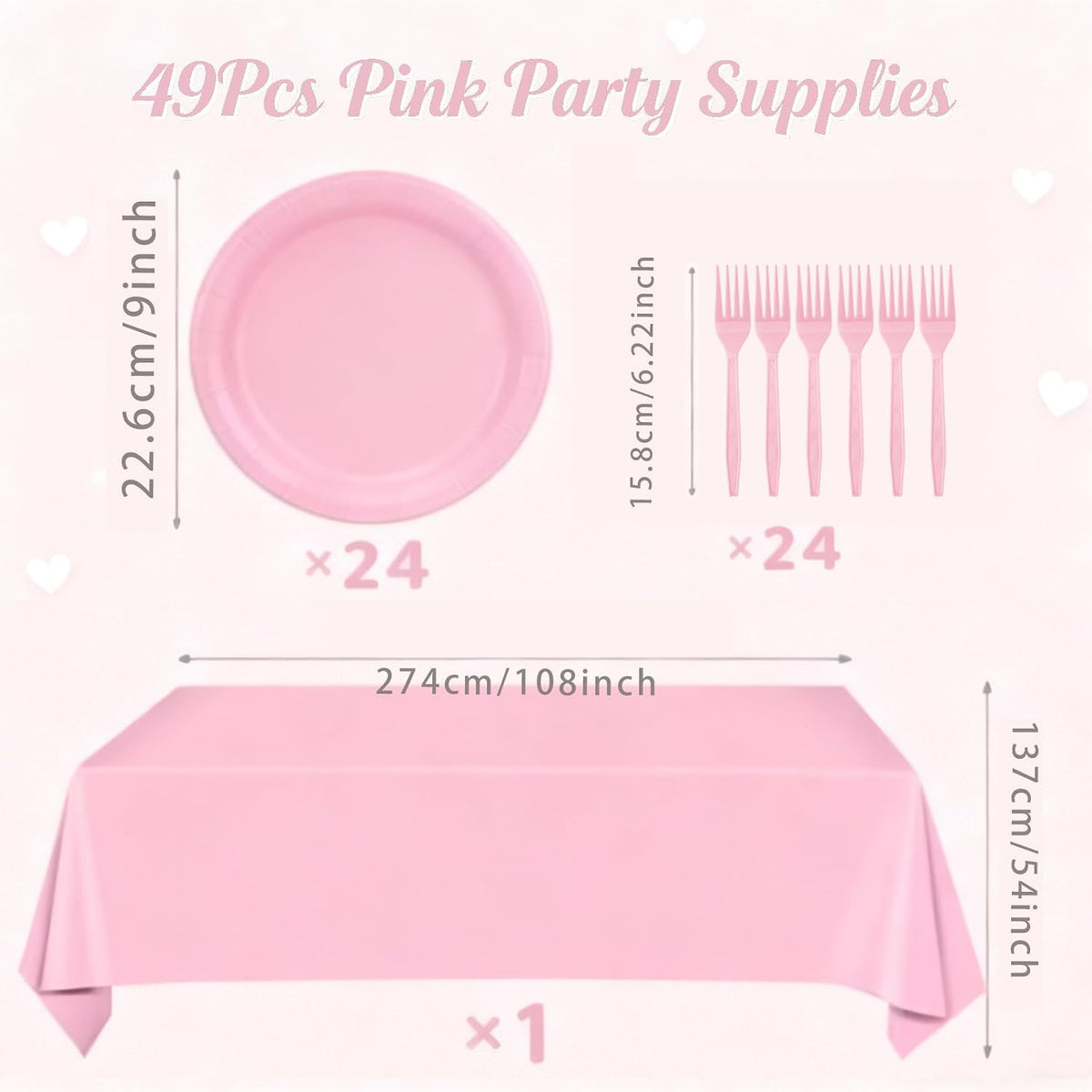 Pink Party Supplies Set Include Pink Plates Tablecloth and Forks, Tableware Set for 24 Guest Paper Plates for Baby Shower, Wedding, Birthday