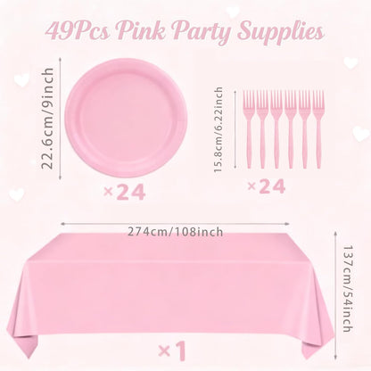 Pink Party Supplies Set Include Pink Plates Tablecloth and Forks, Tableware Set for 24 Guest Paper Plates for Baby Shower, Wedding, Birthday