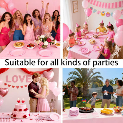 Pink Party Supplies Set Include Pink Plates Tablecloth and Forks, Tableware Set for 24 Guest Paper Plates for Baby Shower, Wedding, Birthday