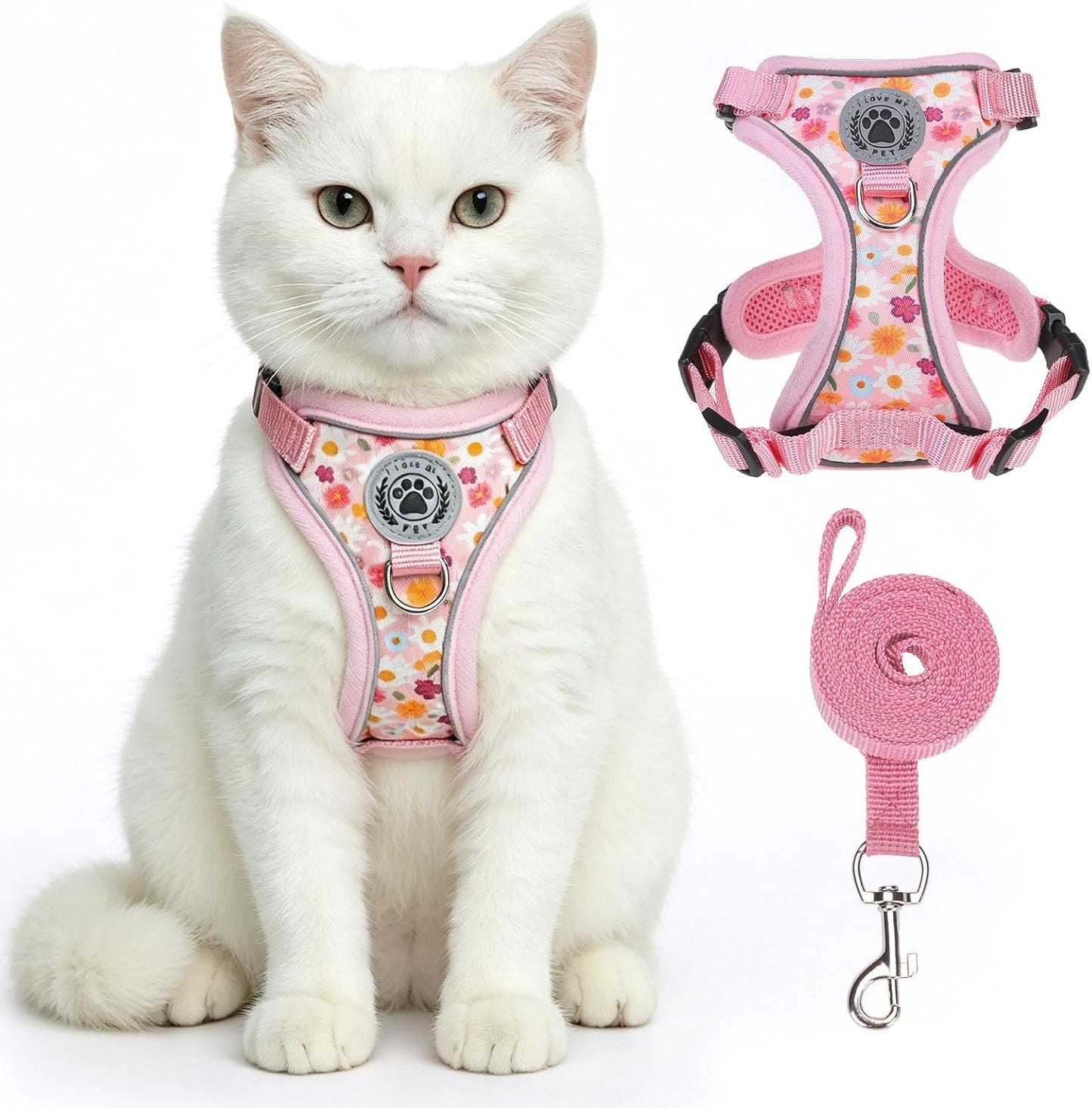 Cat Harness,Escape Proof Cat Harness and Leash Set for Walking,Soft Breathable Vest Harness with 3 Buckles Adjustable,Reflective Easy Control Kitten Harness for Cats (Floral Design),Pink M