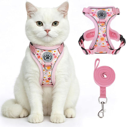 Cat Harness,Escape Proof Cat Harness and Leash Set for Walking,Soft Breathable Vest Harness with 3 Buckles Adjustable,Reflective Easy Control Kitten Harness for Cats (Floral Design),Pink M