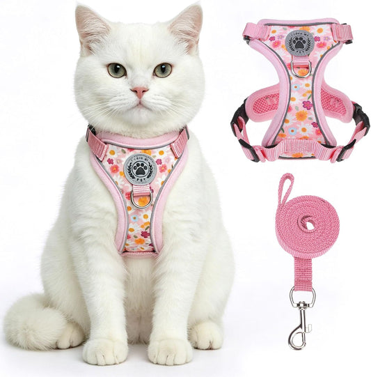 Cat Harness,Escape Proof Cat Harness and Leash Set for Walking,Soft Breathable Vest Harness with 3 Buckles Adjustable,Reflective Easy Control Kitten Harness for Cats (Floral Design),Pink M