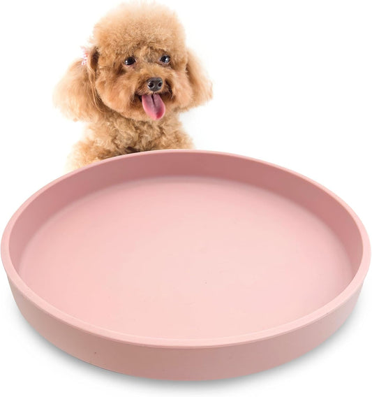 Silicone Dog Plates for Food Shallow Pet Bowl Flat Puppy Food Bowl Whisker Fatigue Cat Feeding Bowls Noiseless Dishes for Dry and Wet Food (Round Pink)