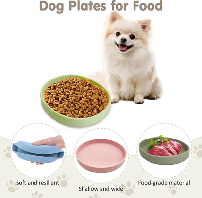 Silicone Dog Plates for Food Shallow Pet Bowl Flat Puppy Food Bowl Whisker Fatigue Cat Feeding Bowls Noiseless Dishes for Dry and Wet Food (Round Pink)