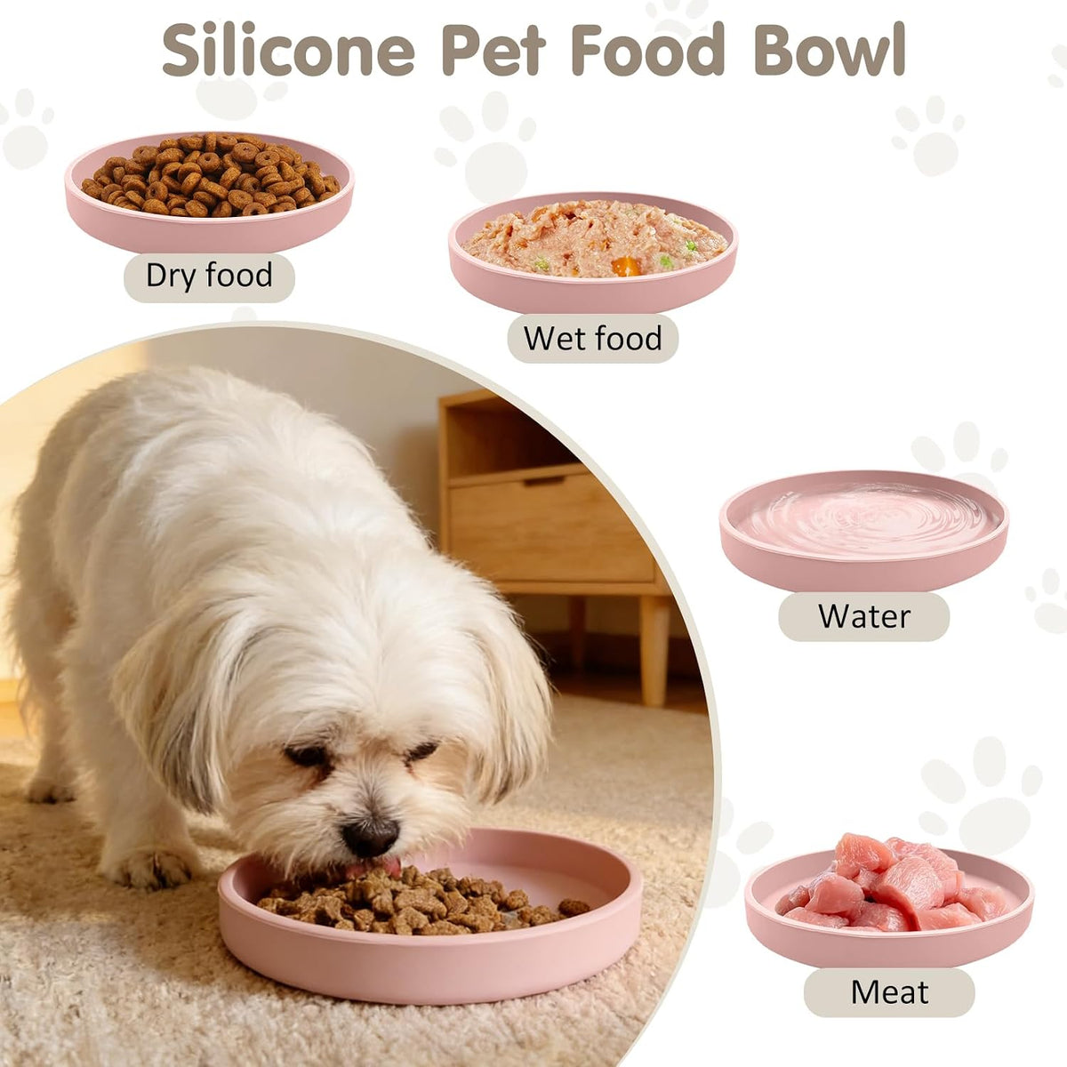 Silicone Dog Plates for Food Shallow Pet Bowl Flat Puppy Food Bowl Whisker Fatigue Cat Feeding Bowls Noiseless Dishes for Dry and Wet Food (Round Pink)