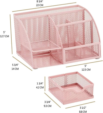 Annova Mesh Desk Organizer Office with 7 Compartments + Drawer/Desk Tidy Candy/Pen Holder/Multifunctional Organizer (Light Pink)