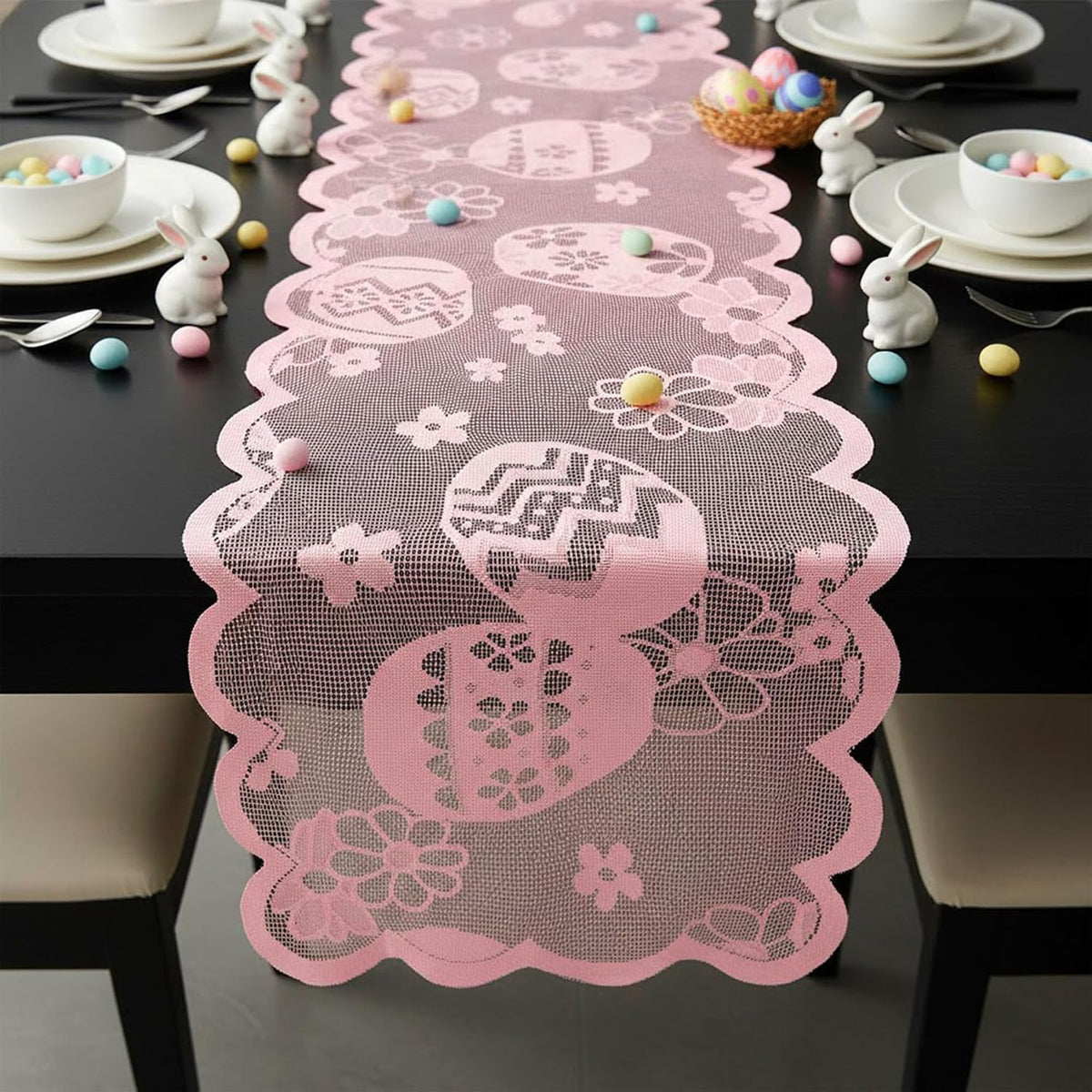 Easter Table Runner, Pink Easter Lace Runner for Spring Dining