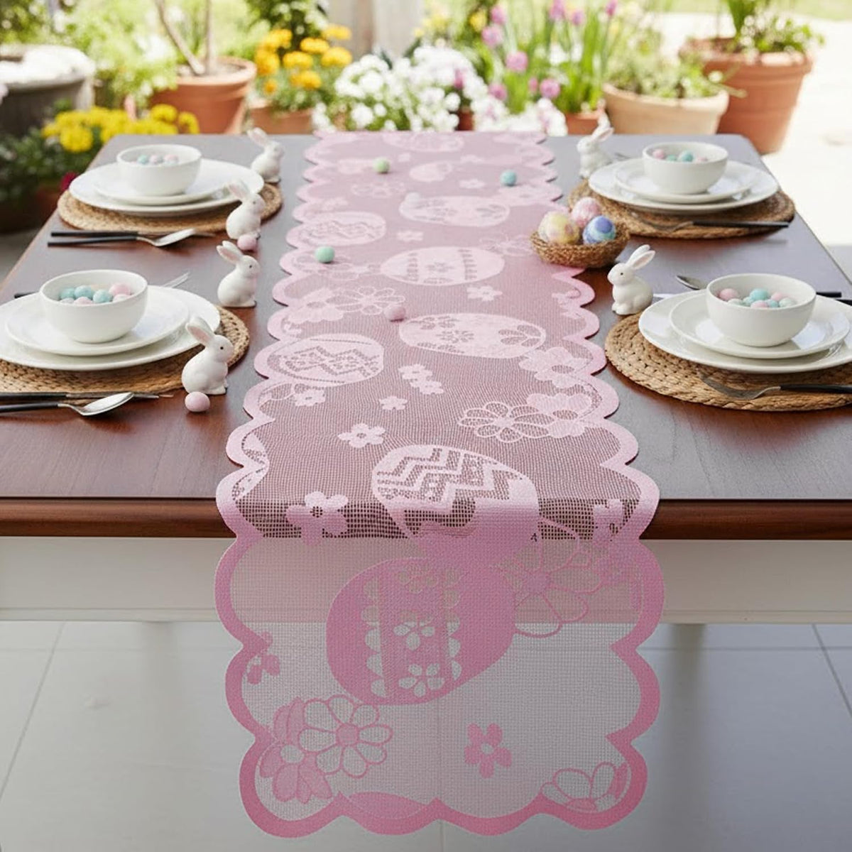 Easter Table Runner, Pink Easter Lace Runner for Spring Dining
