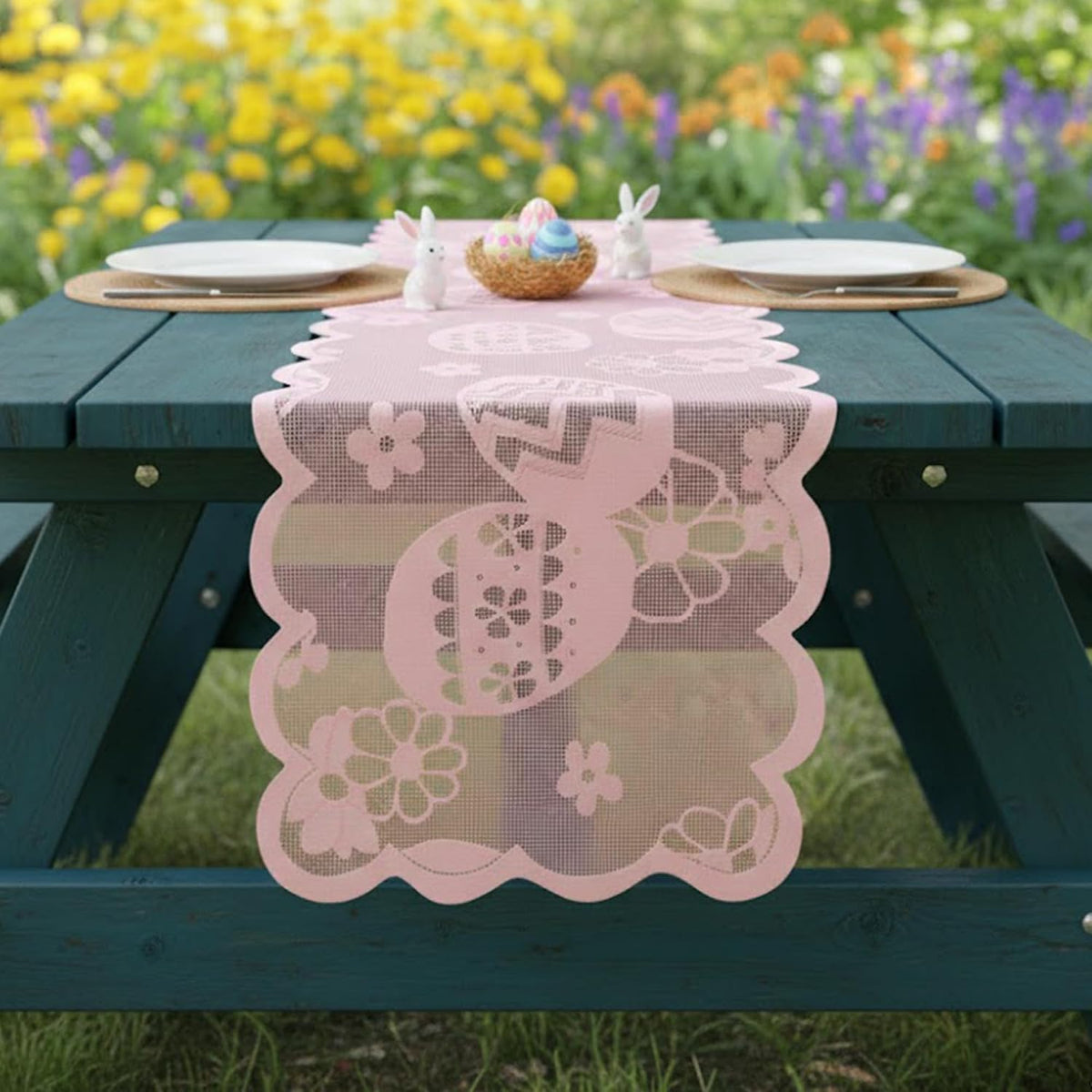 Easter Table Runner, Pink Easter Lace Runner for Spring Dining