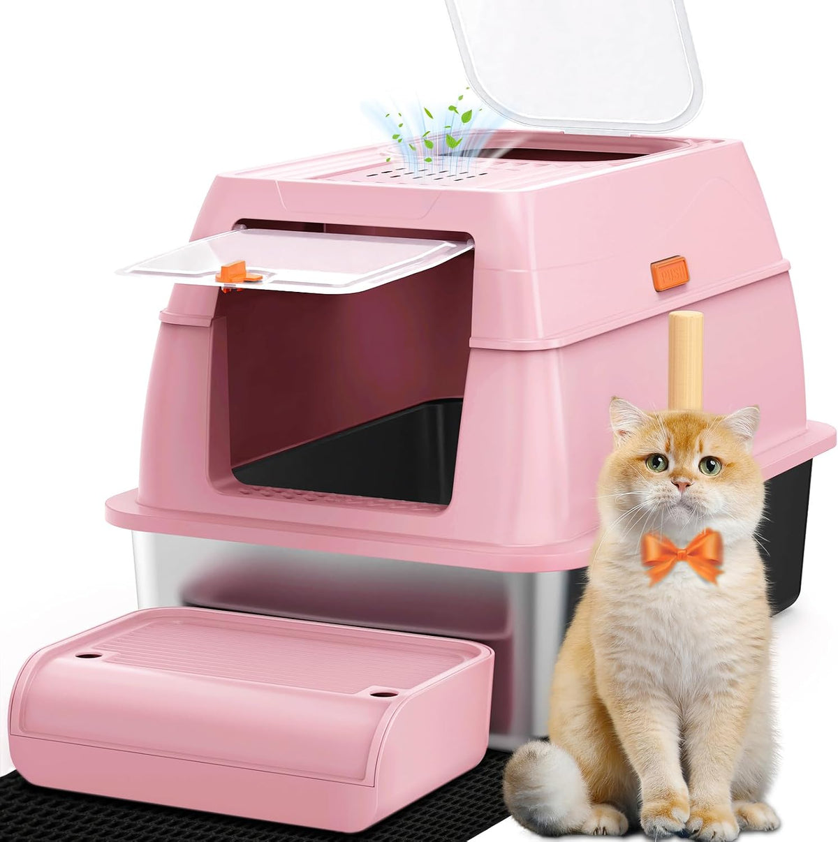 XL Stainless Steel Litter Box with Lid, Extra Large Metal Covered Litter Box, Stainless Box Easy Clean, Activated Charcoal Odor Control Design, Includes Litter Scoop & Mat & Step, Pink