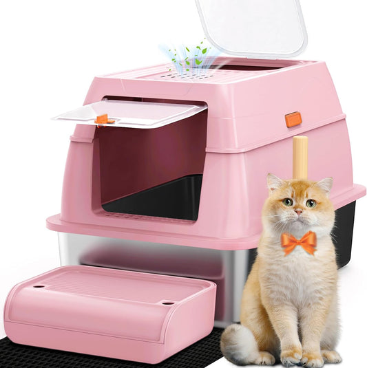 XL Stainless Steel Litter Box with Lid, Extra Large Metal Covered Litter Box, Stainless Box Easy Clean, Activated Charcoal Odor Control Design, Includes Litter Scoop & Mat & Step, Pink