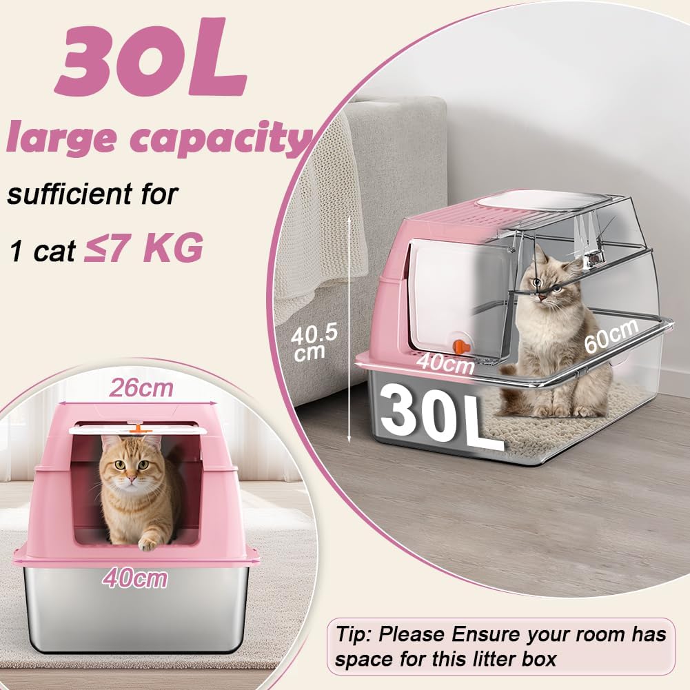 XL Stainless Steel Litter Box with Lid, Extra Large Metal Covered Litter Box, Stainless Box Easy Clean, Activated Charcoal Odor Control Design, Includes Litter Scoop & Mat & Step, Pink