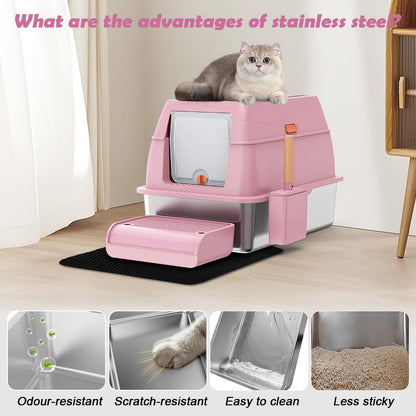 XL Stainless Steel Litter Box with Lid, Extra Large Metal Covered Litter Box, Stainless Box Easy Clean, Activated Charcoal Odor Control Design, Includes Litter Scoop & Mat & Step, Pink