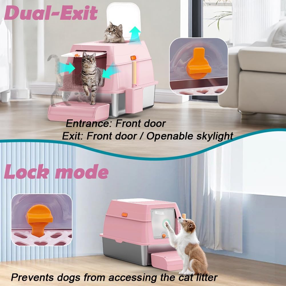 XL Stainless Steel Litter Box with Lid, Extra Large Metal Covered Litter Box, Stainless Box Easy Clean, Activated Charcoal Odor Control Design, Includes Litter Scoop & Mat & Step, Pink