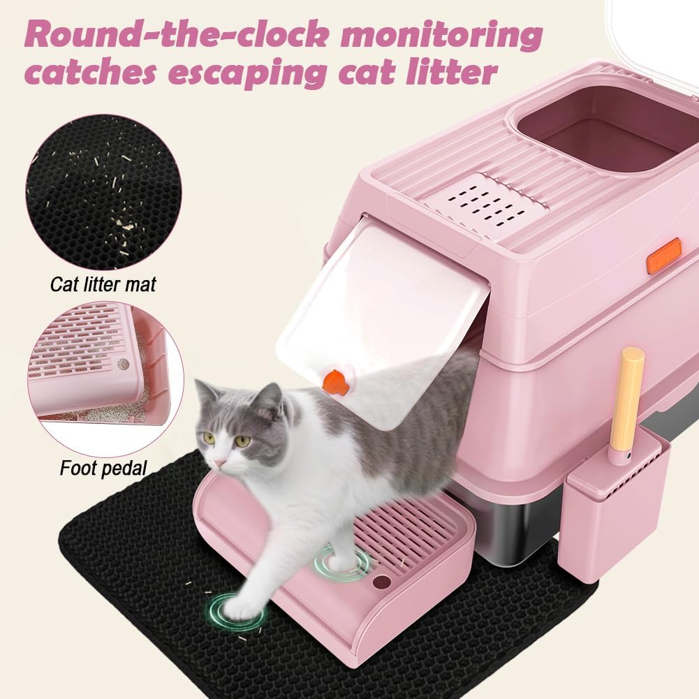 XL Stainless Steel Litter Box with Lid, Extra Large Metal Covered Litter Box, Stainless Box Easy Clean, Activated Charcoal Odor Control Design, Includes Litter Scoop & Mat & Step, Pink