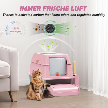 XL Stainless Steel Litter Box with Lid, Extra Large Metal Covered Litter Box, Stainless Box Easy Clean, Activated Charcoal Odor Control Design, Includes Litter Scoop & Mat & Step, Pink