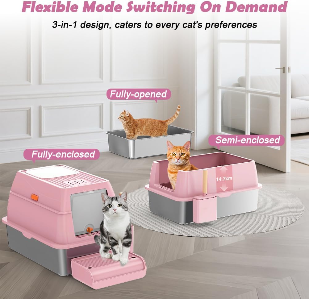 XL Stainless Steel Litter Box with Lid, Extra Large Metal Covered Litter Box, Stainless Box Easy Clean, Activated Charcoal Odor Control Design, Includes Litter Scoop & Mat & Step, Pink