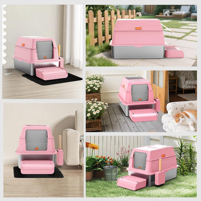 XL Stainless Steel Litter Box with Lid, Extra Large Metal Covered Litter Box, Stainless Box Easy Clean, Activated Charcoal Odor Control Design, Includes Litter Scoop & Mat & Step, Pink