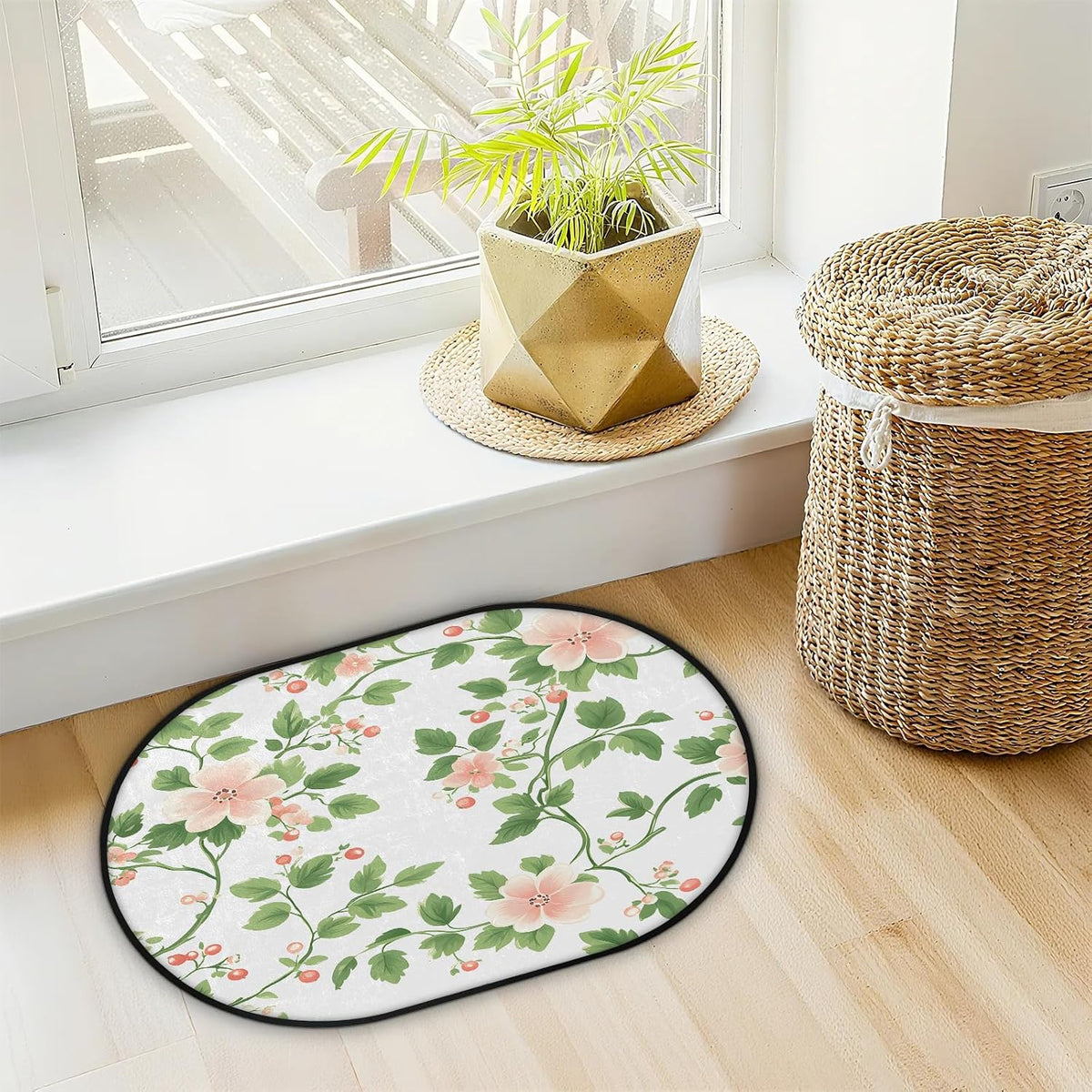 Peach Blossom Vines Oval 16x24 Inches Absorbent Bath Mat, Non Slip Soft Plush Bath Rug with TPR Backing for Home Kitchen Bathroom