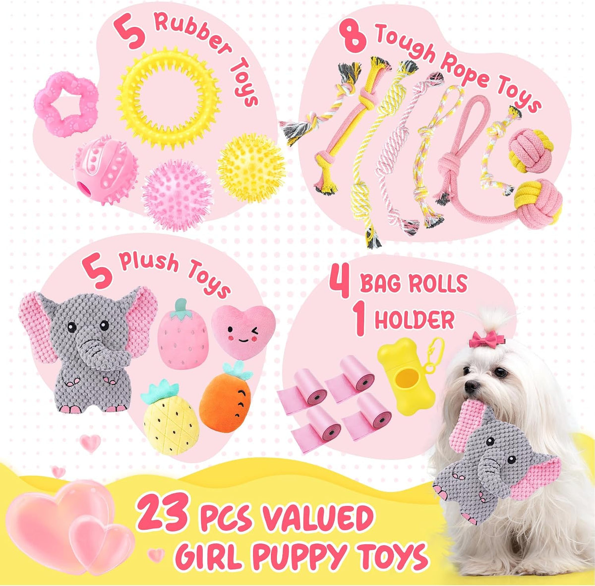 Pink Puppy Toys for Boredom - 23 Pack Puppy Chew Toys for Teething, Interactive Dog Toys for Puppies, Cute Small Dog Toys with Treat Ball, Squeaky Dog Chew Toys and Ropes